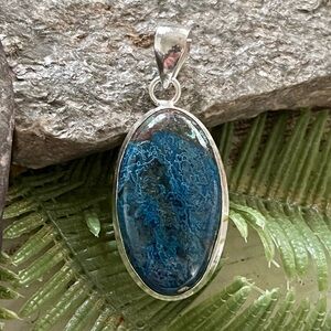Natural Azurite Gemstone 2” Silver Pendant